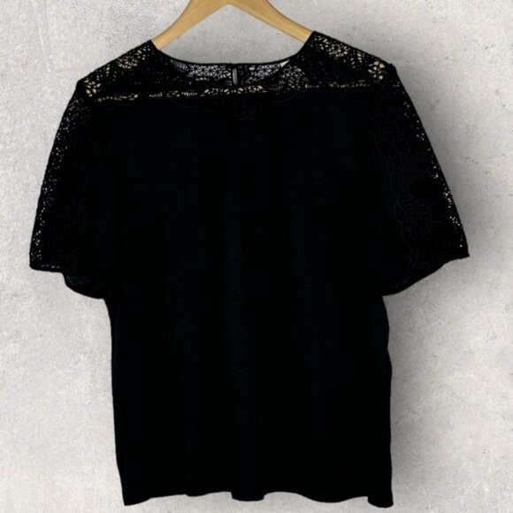 Sezane Lorena 100% Linen Black Top Size XL Lace Embroidery Short Sleeve Blouse - Picture 11 of 12